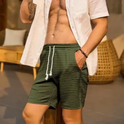 Men's Waffle Waffle Shorts Sweat Shorts Basketball Shorts Pocket Drawstring Elastic Waist Plain Comfort Quick Dry Short Holiday Beach Weekend Fashion Casual ArmyGreen Black Micro-elastic