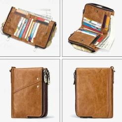 Men's Wallet Credit Card Holder Wallet Leather Cowhide Office Shopping Daily Rivet Zipper Large Capacity RFID Blocking Solid Color Black Red Brown