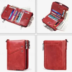 Men's Wallet Credit Card Holder Wallet Leather Cowhide Office Shopping Daily Rivet Zipper Large Capacity RFID Blocking Solid Color Black Red Brown