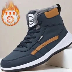 Men's Waterproof High-Top Sneakers with Warm Plush Lining – Stylish Outdoor Athletic Shoes with Yellow Accents and Durable Sole