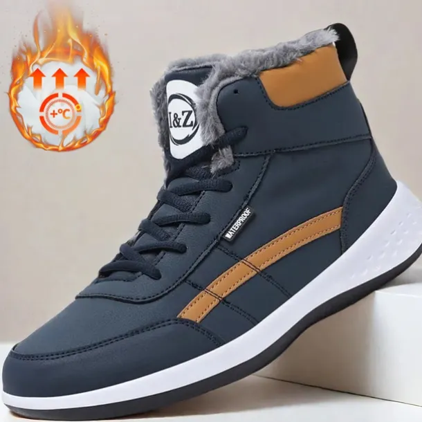 Men's Waterproof High-Top Sneakers with Warm Plush Lining – Stylish Outdoor Athletic Shoes with Yellow Accents and Durable Sole