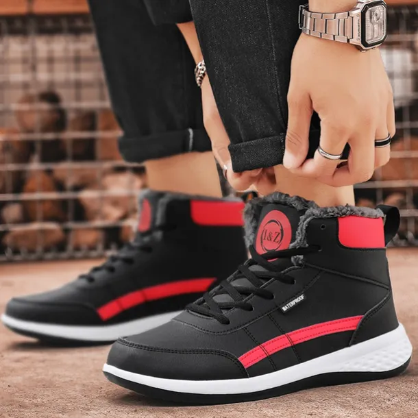Men's Waterproof High-Top Sneakers with Warm Plush Lining – Stylish Outdoor Athletic Shoes with Yellow Accents and Durable Sole