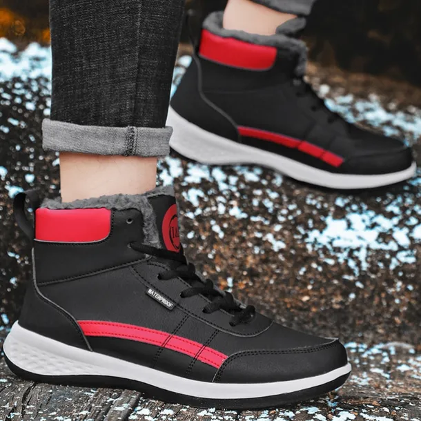 Men's Waterproof High-Top Sneakers with Warm Plush Lining – Stylish Outdoor Athletic Shoes with Yellow Accents and Durable Sole