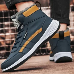 Men's Waterproof High-Top Sneakers with Warm Plush Lining – Stylish Outdoor Athletic Shoes with Yellow Accents and Durable Sole