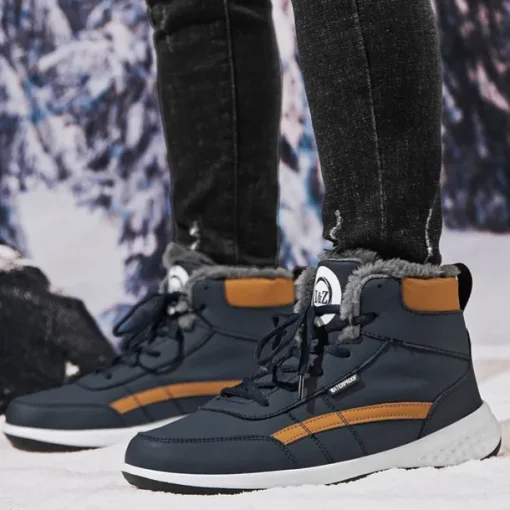 Men's Waterproof High-Top Sneakers with Warm Plush Lining – Stylish Outdoor Athletic Shoes with Yellow Accents and Durable Sole