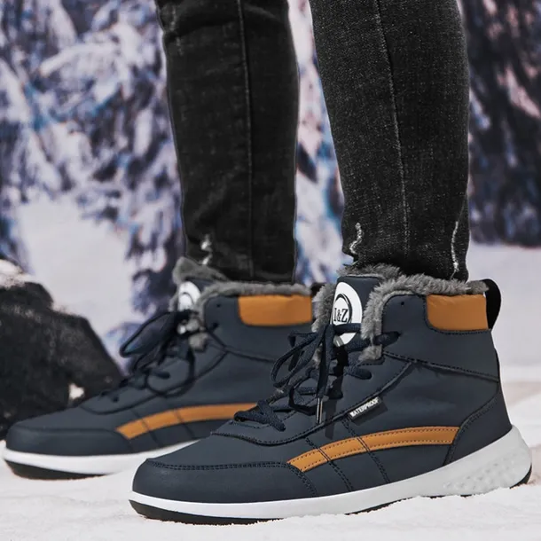 Men's Waterproof High-Top Sneakers with Warm Plush Lining – Stylish Outdoor Athletic Shoes with Yellow Accents and Durable Sole