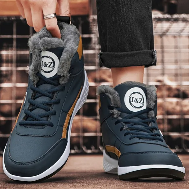 Men's Waterproof High-Top Sneakers with Warm Plush Lining – Stylish Outdoor Athletic Shoes with Yellow Accents and Durable Sole