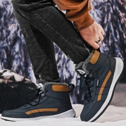 Men's Waterproof High-Top Sneakers with Warm Plush Lining – Stylish Outdoor Athletic Shoes with Yellow Accents and Durable Sole