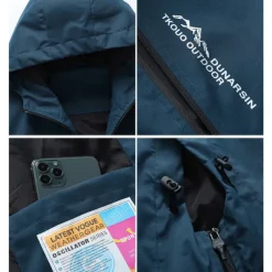 mens waterproof rain jacket gorpcore outdoor lightweight shell raincoat packable zip up hooded hiking running trench coat blue