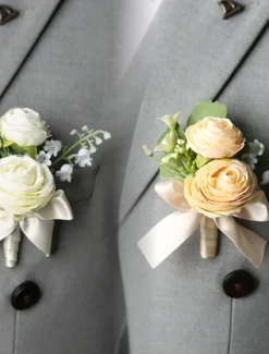 Men's Wedding Boutonniere Summer Wedding White Champagne Boutonniere for Groom and Groomsmen Flower Accessories Party Suit Decorations