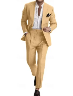 Men's Wedding Business Linen Suits Pink Sky Blue Summer Fashion Casual Solid Colored Standard Fit 2 Piece Single Breasted One-button