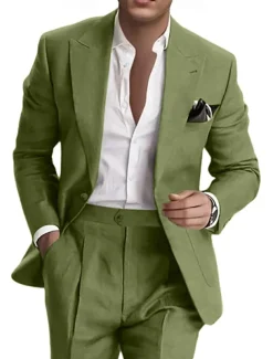 Men's Wedding Business Linen Suits Pink Sky Blue Summer Fashion Casual Solid Colored Standard Fit 2 Piece Single Breasted One-button