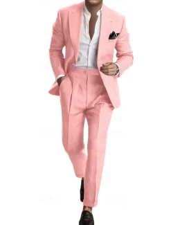Men's Wedding Business Linen Suits Pink Sky Blue Summer Fashion Casual Solid Colored Standard Fit 2 Piece Single Breasted One-button