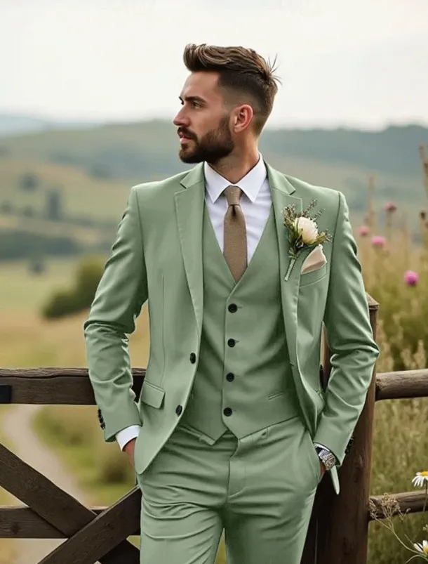 Men's Wedding Business Suits Black Sage Fashion Formal Solid Colored Standard Fit 3 Piece Single Breasted Two-buttons