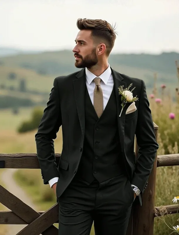 Men's Wedding Business Suits Black Sage Fashion Formal Solid Colored Standard Fit 3 Piece Single Breasted Two-buttons