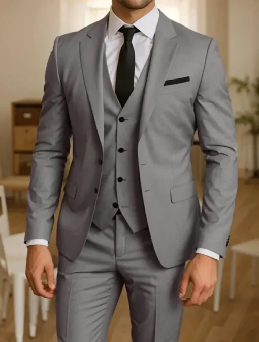 Men's Wedding Business Suits Light Grey Fashion Formal Solid Colored Slim Fit 3 Piece Single Breasted Two-buttons