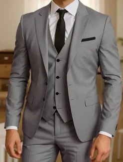 Men's Wedding Business Suits Light Grey Fashion Formal Solid Colored Slim Fit 3 Piece Single Breasted Two-buttons