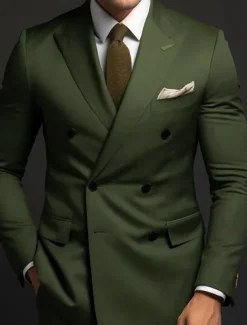 Men's Wedding Business Suits Peaked Lapel Grape Army Green Formal Solid Colored Standard Fit 2 Piece Double Breasted Six-buttons