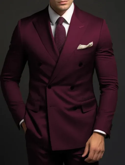 Men's Wedding Business Suits Peaked Lapel Grape Army Green Formal Solid Colored Standard Fit 2 Piece Double Breasted Six-buttons
