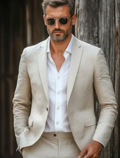Men's Wedding Casual Linen Suits Beige Daily Lightweight Solid Colored Standard Fit 2 Piece Single Breasted One-button