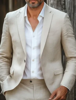 Men's Wedding Casual Linen Suits Beige Daily Lightweight Solid Colored Standard Fit 2 Piece Single Breasted One-button