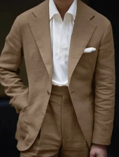 Men's Wedding Casual Linen Suits Notch Lapel Coffee Fashion Party Solid Colored Standard Fit 2 Piece Single Breasted One-button