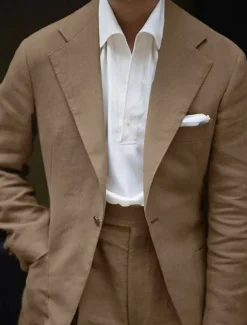 Men's Wedding Casual Linen Suits Notch Lapel Coffee Fashion Party Solid Colored Standard Fit 2 Piece Single Breasted One-button