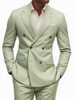 Men's Wedding Casual Suits Peaked Lapel Sage Fashion Solid Colored Standard Fit 2 Piece Double Breasted Six-buttons
