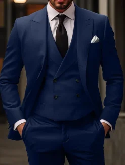 Men's Wedding Christmas Suits Peak Red Burgundy Daily Business Solid Colored Slim Fit 3 Piece Single Breasted Two-buttons