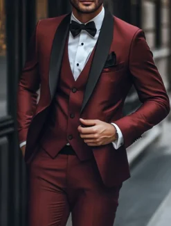 Men's Wedding Christmas Suits Burgundy Blue Daily Party Solid Colored Tailored Fit 3 Piece Single Breasted One-button