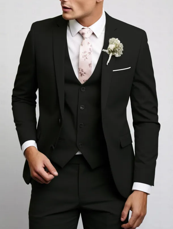 Men's Wedding Fall Wedding Suits Notch Black Pink Party Dress Solid Colored Tailored Fit 3 Piece Single Breasted Two-buttons