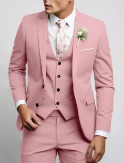 Men's Wedding Fall Wedding Suits Notch Black Pink Party Dress Solid Colored Tailored Fit 3 Piece Single Breasted Two-buttons