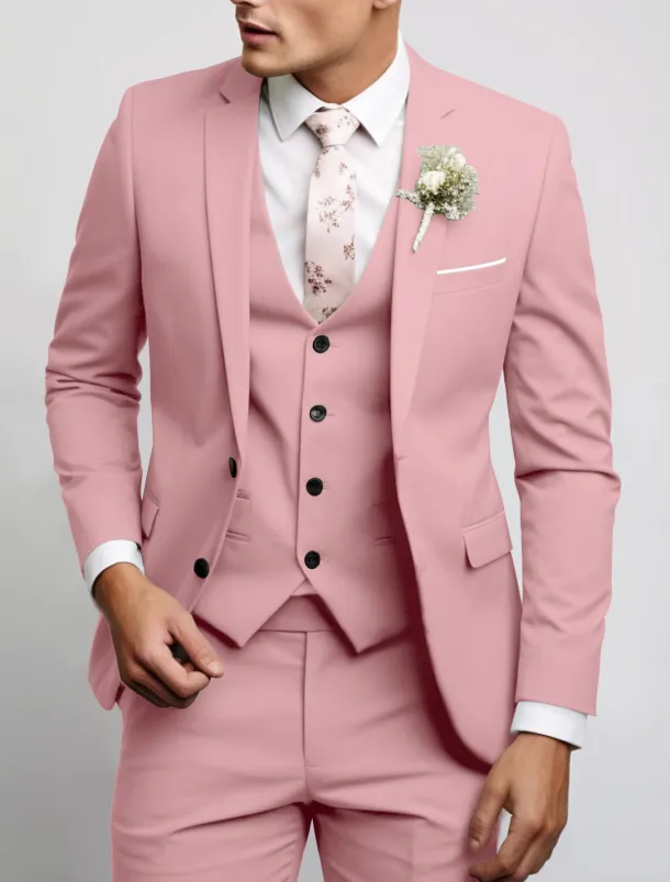 Men's Wedding Fall Wedding Suits Notch Black Pink Party Dress Solid Colored Tailored Fit 3 Piece Single Breasted Two-buttons