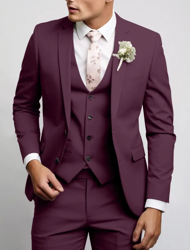 Men's Wedding Fall Wedding Suits Notch Black Pink Party Dress Solid Colored Tailored Fit 3 Piece Single Breasted Two-buttons