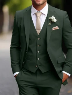 Men's Wedding Fall Wedding Suits Notch Dark Green Khaki Daily Business Solid Colored Plus Size 3 Piece Single Breasted Two-buttons