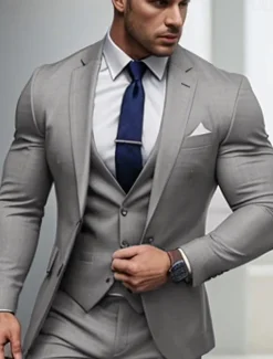 Men's Wedding Homecoming Suits Notch Black Light Grey Business Casual Daily Solid Colored Tailored Fit 3 Piece Single Breasted Two-buttons