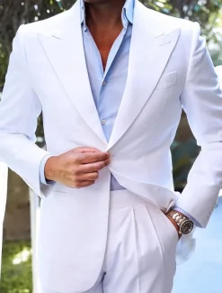 Men's Wedding Homecoming Suits Peak White Yellow Fashion Business Solid Colored Tailored Fit 2 Piece Single Breasted One-button