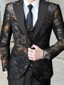 Men's Wedding Homecoming Tuxedos Black Red Printing Standard Fit 3 Piece Single Breasted One-button