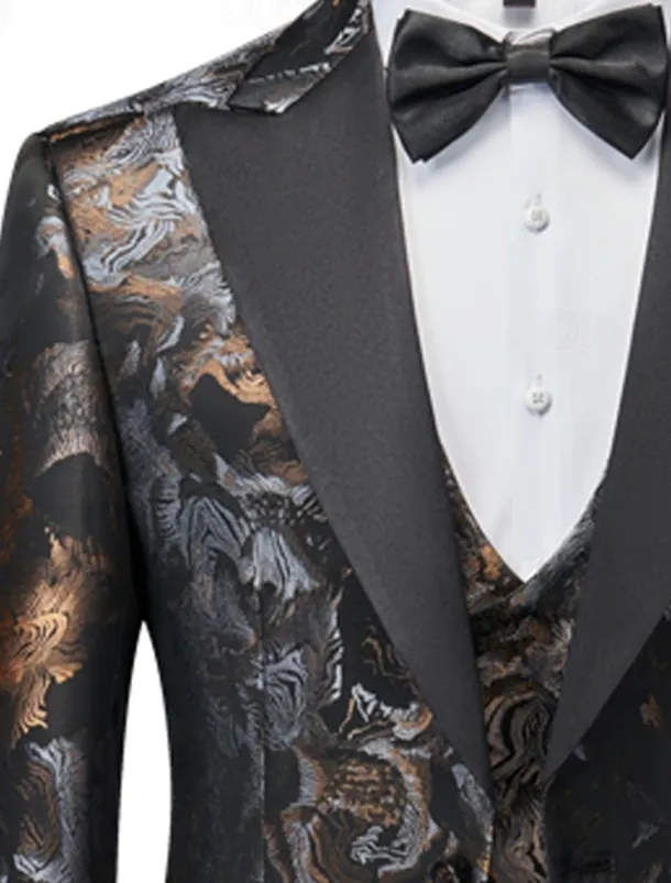 Men's Wedding Homecoming Tuxedos Black Red Printing Standard Fit 3 Piece Single Breasted One-button
