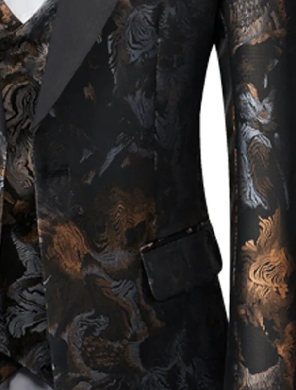 Men's Wedding Homecoming Tuxedos Black Red Printing Standard Fit 3 Piece Single Breasted One-button