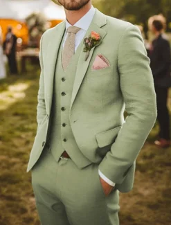 Men's Wedding Linen Suits Notch Lapel Sage Formal Solid Colored Standard Fit 3 Piece Single Breasted Two-buttons