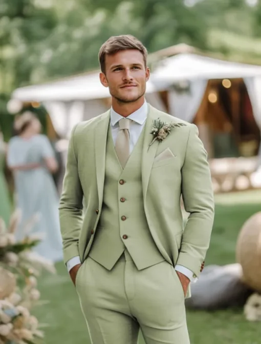 Men's Wedding Linen Suits Notch Lapel Sky Blue Sage Fashion Formal Solid Colored Standard Fit 3 Piece Single Breasted Two-buttons