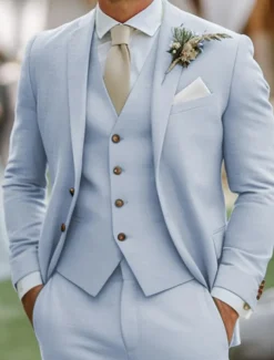 Men's Wedding Linen Suits Notch Lapel Sky Blue Sage Fashion Formal Solid Colored Standard Fit 3 Piece Single Breasted Two-buttons