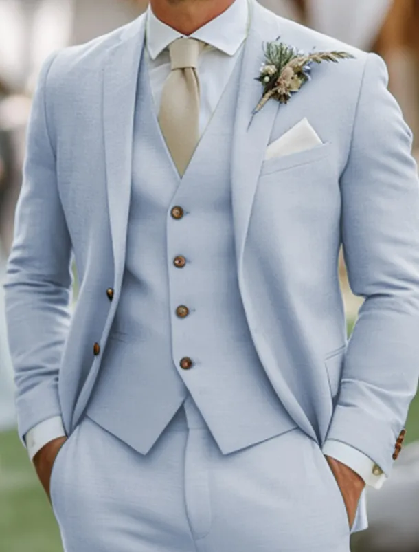 Men's Wedding Linen Suits Notch Lapel Sky Blue Sage Fashion Formal Solid Colored Standard Fit 3 Piece Single Breasted Two-buttons