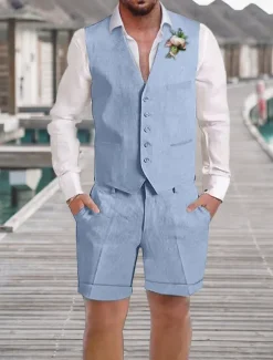 Men's Wedding Linen Suits V Neck Champagne Sky Blue Solid Colored Tailored Fit 2 Piece