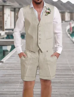 Men's Wedding Linen Suits V Neck Champagne Sky Blue Solid Colored Tailored Fit 2 Piece