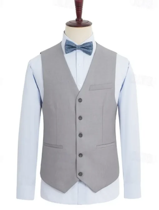 Men's Wedding Linen Suits Sky Blue Light Grey Solid Colored Tailored Fit 2 Piece