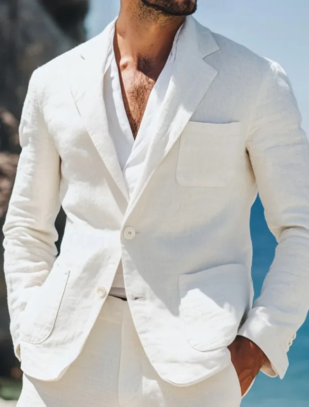 Men's Wedding Linen Suits White Lightweight Half Lined Summer Casual Suits Solid Colored Standard Fit 2 Piece Single Breasted One-button