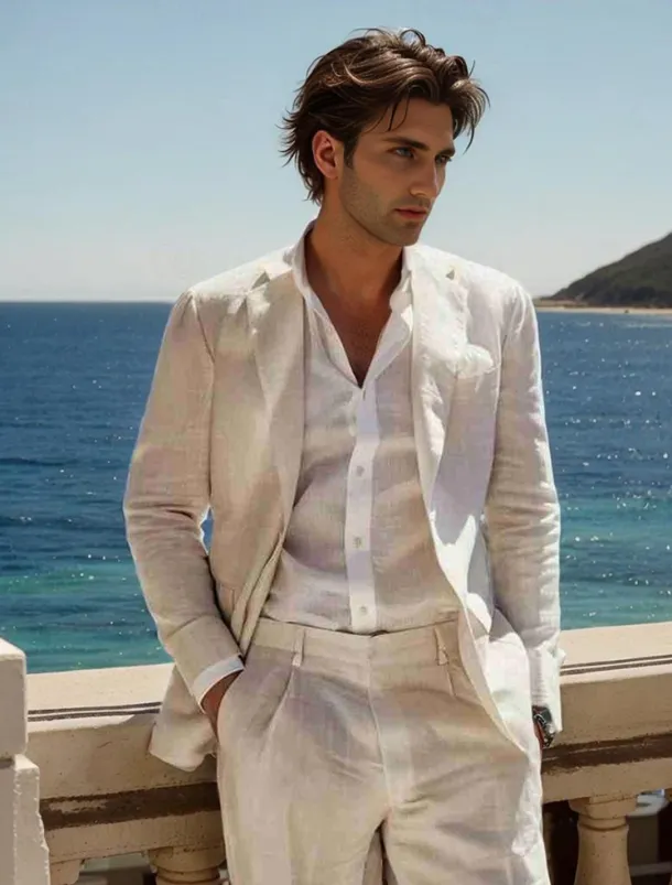 Men's Wedding Linen Suits White Half Lined Lightweight Casual Summer Solid Colored Standard Fit 2 Piece Single Breasted One-button