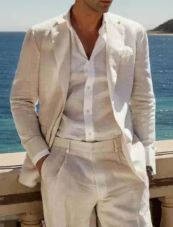 Men's Wedding Linen Suits White Half Lined Lightweight Casual Summer Solid Colored Standard Fit 2 Piece Single Breasted One-button